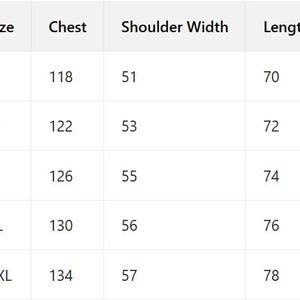 May include: A white table displaying a size chart for clothing. The chart includes sizes S to XXL, with corresponding chest, shoulder width, and length measurements in centimeters. The chest measurements range from 118 to 134 cm.