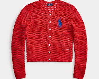 Cardigã feminino Polo Ralph Lauren Big Pony em crochê de algodão – Vermelho