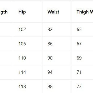Pu&ograve; includere: Una tabella bianca con misure di taglie di pantaloni. Include taglie dalla M alla 3XL, con le corrispondenti misure per la lunghezza dei pantaloni in cm, fianchi, vita, larghezza coscia e apertura gamba in cm.