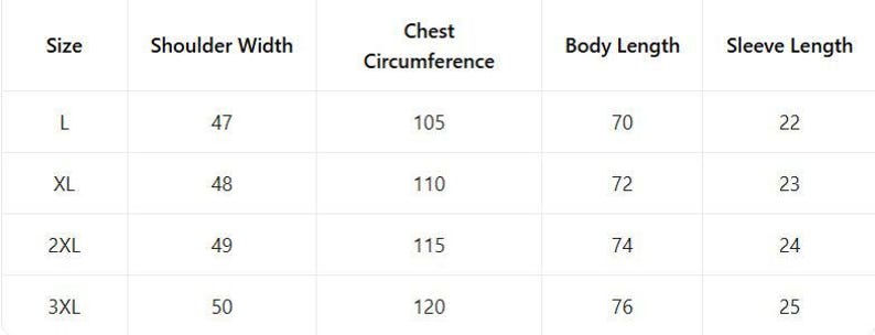 May include: A white chart with black text detailing clothing measurements. The chart includes sizes L, XL, 2XL, and 3XL. Measurements include shoulder width, chest circumference, body length, and sleeve length, all in centimetres.