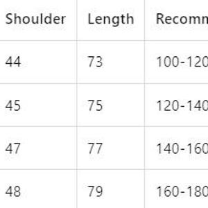 May include: A white chart with black text detailing clothing measurements. The chart includes sizes M, L, XL, and 2XL, with chest, shoulder, and length measurements in centimetres, and recommended weight ranges.