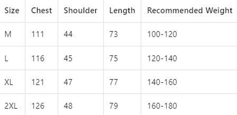 May include: A white chart with black text detailing clothing measurements. The chart includes sizes M, L, XL, and 2XL, with chest, shoulder, and length measurements in centimetres, and recommended weight ranges.