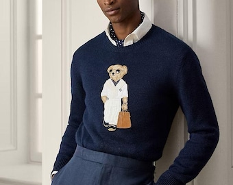 Polo Ralph Lauren Purple Label Polo Bear Silk-Linen Sweater – Navy Blue Heritage Knit