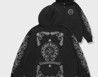 Chrome Hearts Horseshoe Hoodie Black Zip Up - Floral Sleeve Print & Scroll Logo