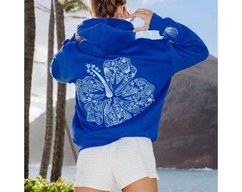 Moletom com capuz Pink Palm Puff em algodão, com bordado de flor de hibisco, estilo pulôver para meninas.