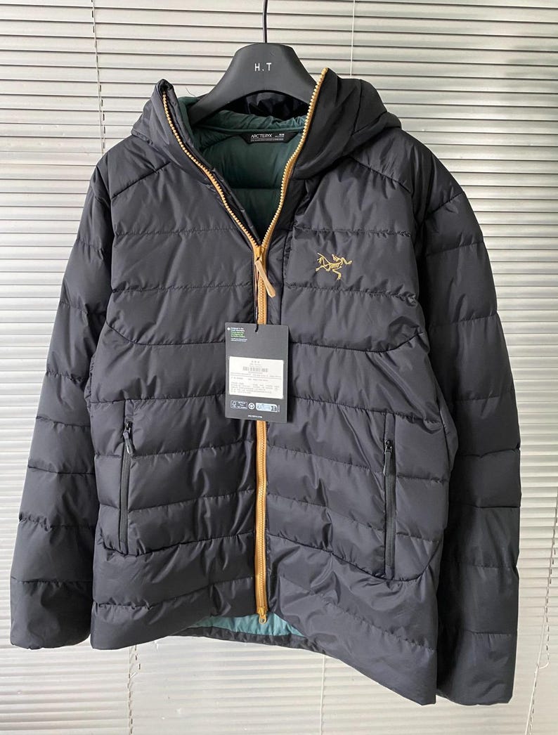 Op de afbeelding: Zwarte gewatteerde jas met capuchon, gouden rits en het Arc'teryx-logo op de borst. De jas heeft twee zakken met ritssluiting en een label. De binnenvoering is groen.