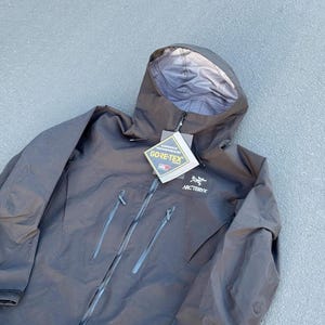 May include: A dark gray hooded jacket with a zipper closure and two side pockets. The jacket has the "GORE-TEX" and "Arc'teryx" logos on the front. The hood is lined with a lighter gray material.