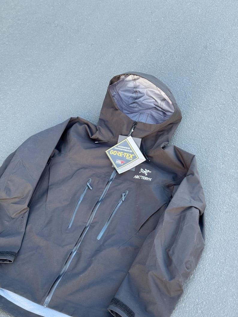 May include: A dark gray hooded jacket with a zipper closure and two side pockets. The jacket has the "GORE-TEX" and "Arc'teryx" logos on the front. The hood is lined with a lighter gray material.