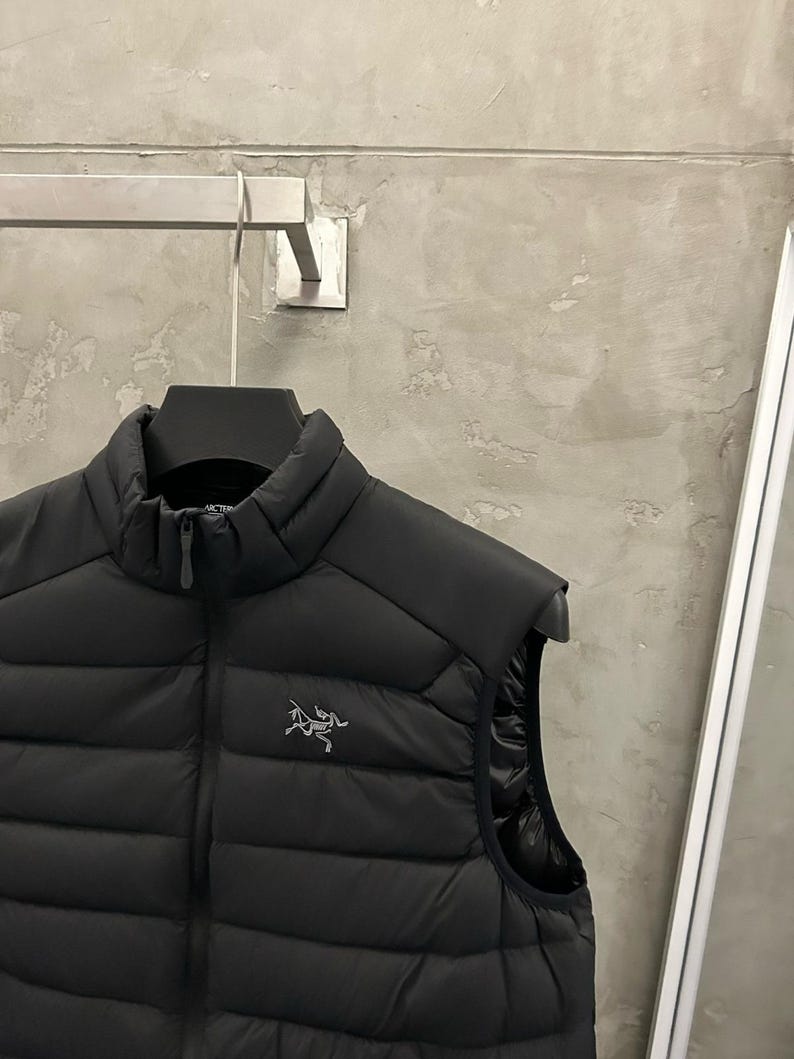 May include: Black puffer vest with a high collar and a zipper closure. The vest features a small logo on the chest. The vest is sleeveless and appears to be made of a quilted material. The vest is hanging on a black hanger.