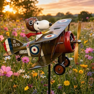 Molino de viento biplano Flying Ace of the Dog - Molino de viento de metal para jardín, original decoración para patio, adorno para césped exterior, jardín y patio.