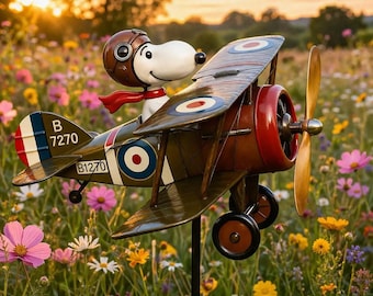 Flying Ace of the Dog Biplane Windmill - Metal Garden Windmill, Quirky Patio Artwork, Outdoor Lawn Decoration, Garden and Courtyard Ornament