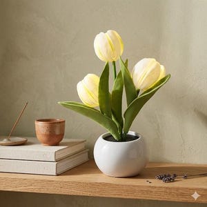 Tulipani artificiali luminosi in vaso di ceramica | Luce LED ambientale per serate accoglienti | Fiore decorativo artigianale con luce soffusa e batteria a lunga durata