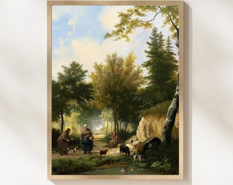 Vintage Pastoral Landscape Wall Art Print, Countryside Sheep Meadow Painting, Peinture Abstraite, Spring Farmhouse Decor, Digital Download