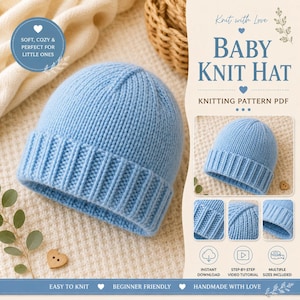 Könnte beinhalten: Eine hellblaue, gestrickte Babymütze mit geripptem Umschlag. Das Bild enthält den Text "BABY KNIT HAT KNITTING PATTERN PDF", "INSTANT DOWNLOAD", "STEP-BY-STEP VIDEO TUTORIAL", "MULTIPLE SIZES INCLUDED", "EASY TO KNIT" und "BEGINNER FRIENDLY".