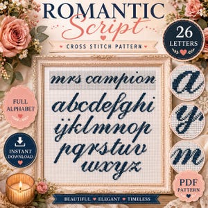 Romantisch schrift kruissteekpatroon pdf, cursieve borduurgrafiek alfabet, handgeschreven lettertype monogram, direct downloaden