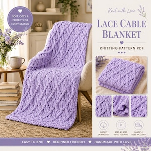 May include: A light purple knitted blanket featuring a textured lace cable pattern draped over a chair. The image includes text reading Knit with Love LACE CABLE BLANKET KNITTING PATTERN PDF, along with icons for instant download and video tutorials.