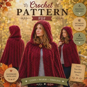 Puede incluir: Un patrón de ganchillo digital en PDF que muestra una capa con capucha de color rojo oscuro con un cierre de botón de madera. El texto dice Crochet Pattern PDF, Beginner Friendly, Detailed Tutorial, Instant Download, Handmade With Love, Cozy, Warm, Timeless.