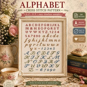 Pode incluir: Um padrão de ponto cruz emoldurado apresentando o alfabeto em letras maiúsculas e minúsculas, junto com os números 0-9 em fios vermelho, marrom e azul. O texto diz ALPHABET CROSS STITCH PATTERN, A-Z, 0-9, easy timeless sampler, PDF PATTERN, INSTANT DOWNLOAD, EASY TO STITCH, BEGINNER FRIENDLY.