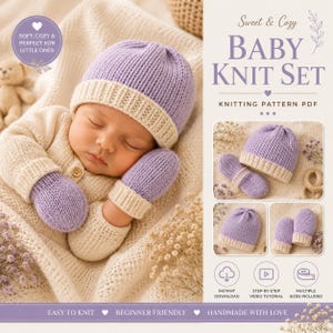 Stickmönster för babymössa och vantar i PDF-format, mönster för set med babymössa och vantar, enkel stickning till babypresent, digital nedladdning, gör-det-själv-set