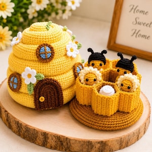 Paquete de patrones de ganchillo para casas de abejas en formato PDF, tutorial de amigurumi de colmenas y abejas, descarga de patrones de ganchillo de insectos adorables