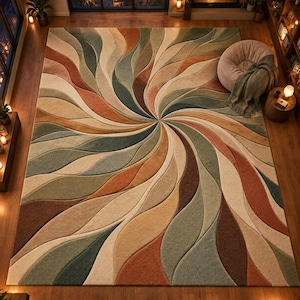 Modern Abstract Swirl Area Rug Green Rust Cream Boho Contemporary Living Room Rug Artistic Curved Pattern Home Decor
