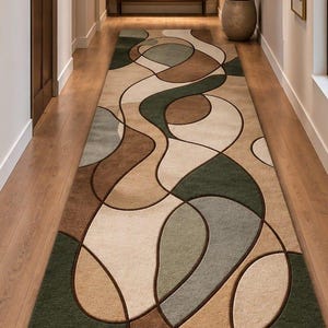 Modern Green Brown Runner Rug Abstract Organic Pattern Hallway Runner Contemporary Entryway Floor Decor