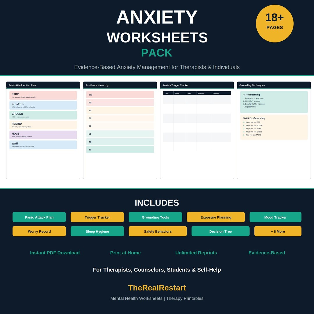 Anxiety Worksheets Bundle | 18 Printable Therapy Tools | Panic Attack ...