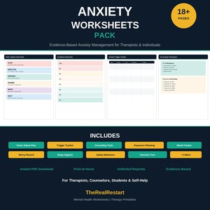 Anxiety Worksheets Bundle | 18 Printable Therapy Tools | Panic Attack Plan Grounding CBT Counselor PDF