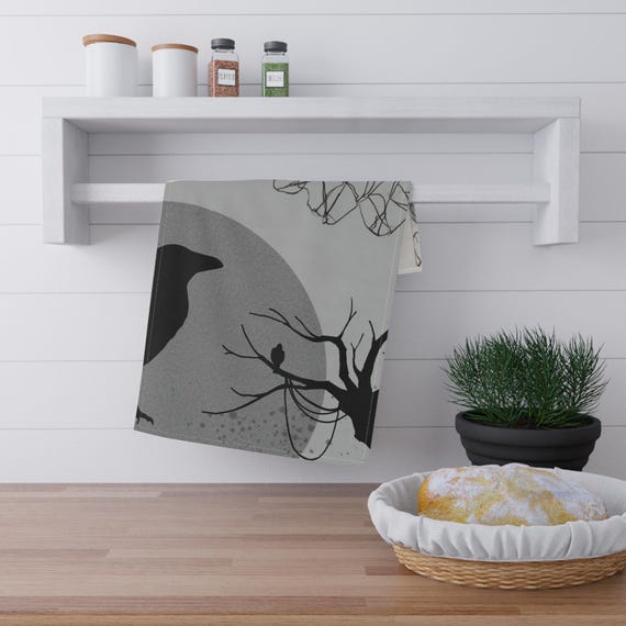 Crow Silhouette Tea Towel | Modern Botanical Woodland Kitchen Decor