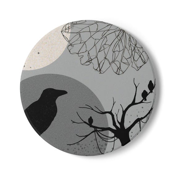 Crow silhouette tree ceramic coaster | Gothic bird coaster, cork back