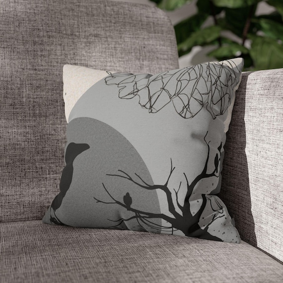 Crow Silhouette with Branches Throw Pillowcase | Square Pillow