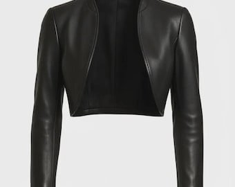 Chaqueta bolero corta de cuero negro, abrigo de noche estilo motero