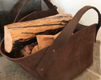 Genuine Leather Log Carrier, Firewood Holder Basket, Rustic Tote Bag