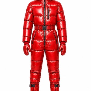 Red Puffer Down Suit, One Piece Winter Snowsuit, Shiny Quilted Ski Suit, Hooded Down Jumpsuit, Warm Snow Suit, Ski & Snowboard Outfit