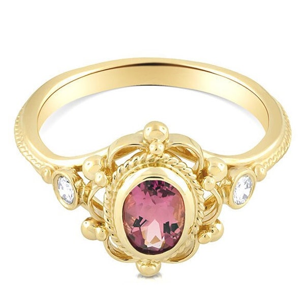 Oval Pink Tourmaline Ring, Victorian Style Engagement Ring, Bezel Set Diamond Ring, Twisted Swirl Design Ring, 18K Yellow Gold Filigree Ring