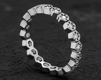 Hexagon Diamond Wedding Band, 14K White Gold Milgrain Ring