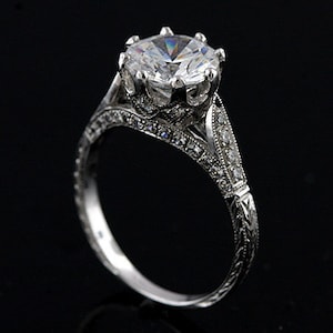 Antique Style Diamond Engraved Ring Mounting For Round Center Stone 18K Gold Platinum