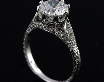 Antique Style Diamond Engraved Ring Mounting For Round Center Stone 18K Gold Platinum