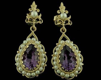 Amethyst Pearls Earrings, Chandelier Earrings, Dangle Earring, Victorian Style Gold Earrings, Gemstone Earrings, Cultured Pearl Earrings