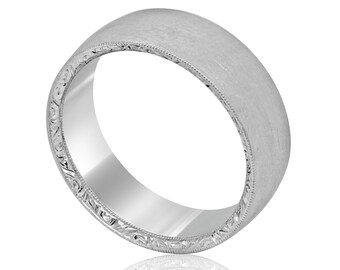 Rounded Top Comfort Men's Wedding Ring with Hand Engraved Sides Matte Finish, 8mm Wide, Sterling Silver