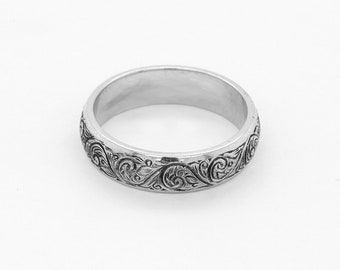 Art Nouveau Domed Engraved Men's Wedding Ring, Antique Scroll Carved Men's Band , 14k Gold, Platinum, Palladium