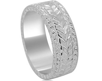 Art Deco Style Engraved Men's Wedding Band 8mm 14k Gold, Wheat Engraved Men Band, Three Row Engraved Band