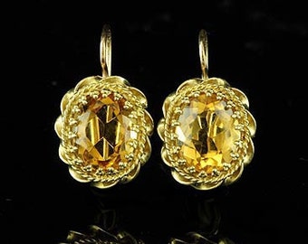 Oval Citrine Earrings, Dangle Wire Back Earrings, Vintage Replica Gold Earrings, Gemstone Color Stone Dangle Earrings