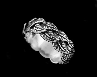 Leaf Men's Ring, Nature Inspired Men's Ring, Black Antique Finish Silver Men's Ring, Eternity Leaves Men's Ring, Organic Men's Ring 8mm
