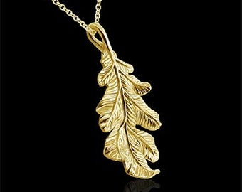 Gold Leaf Necklace, Organic Design Floral Pendant, Nature Inspired Necklace, Large Crafted Engraved Yellow Gold Leaf Necklace, Cable Chain