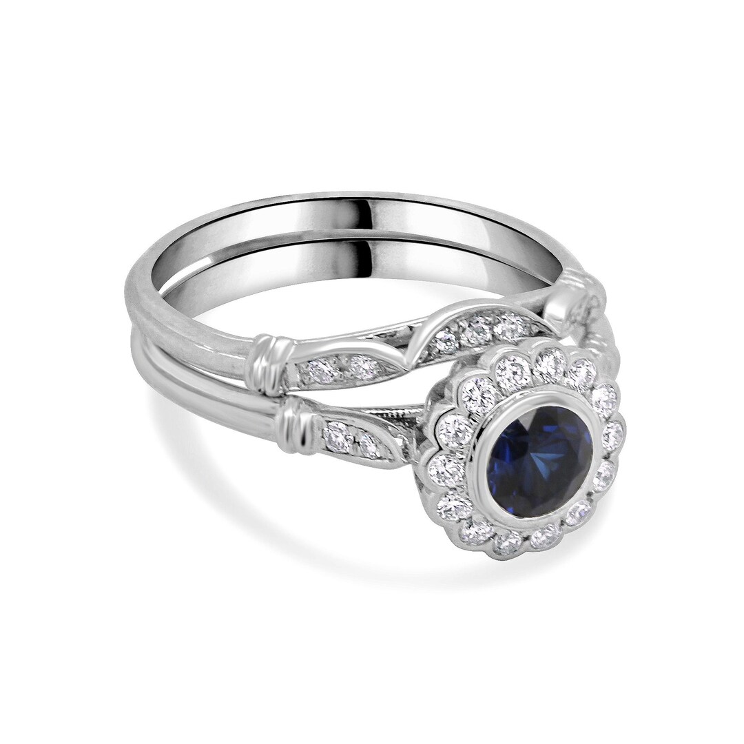Flower Diamond Matching Set, Blue Sapphire Engagement Ring, Art Deco ...