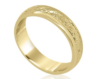 Scroll Engraved Men's Wedding Ring 18k Yellow Gold 4mm, Art Nouveau Wedding Ring