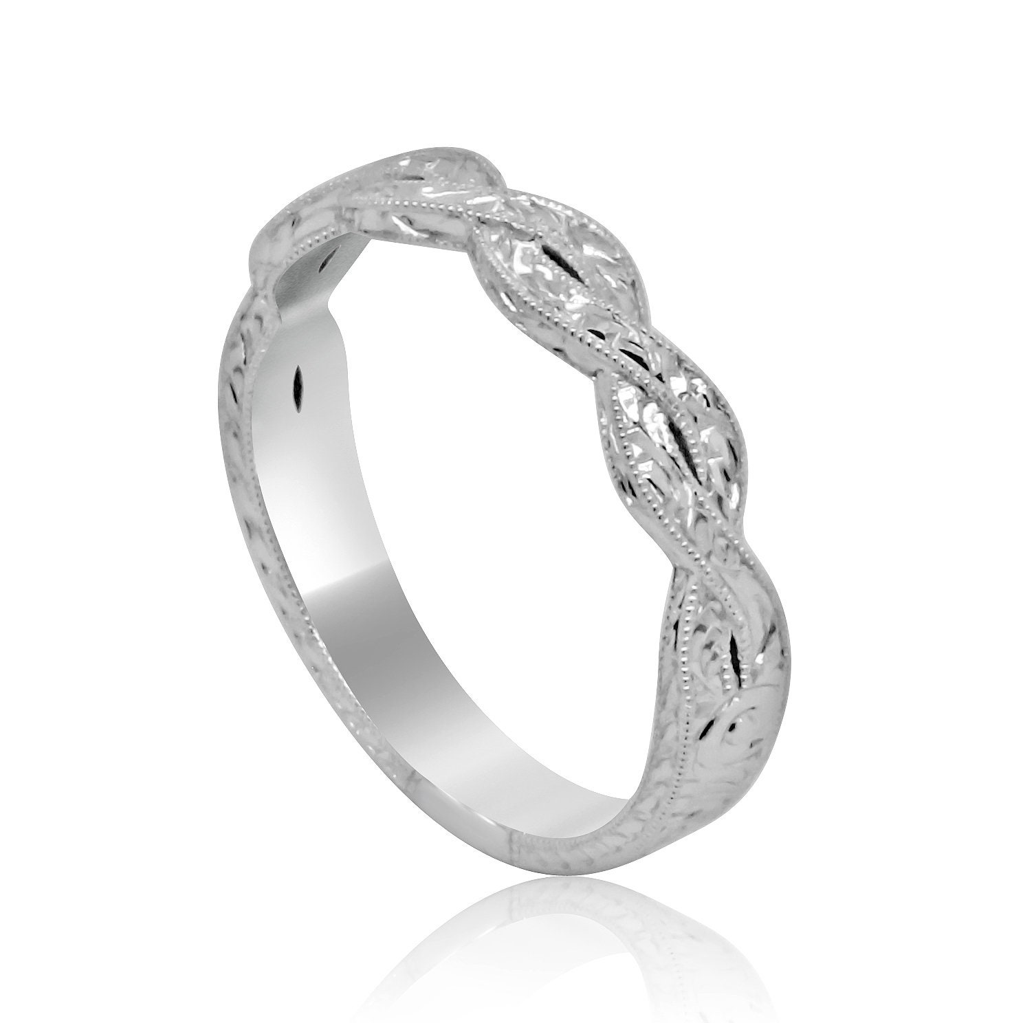 Vintage hand Carved Wedding Band, Engraved Intertwined Braided Wedding Ring Platinum