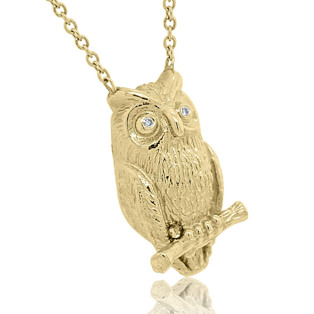 Yellow Gold Owl Necklace Diamond Pendant Animal Necklace Etsy
