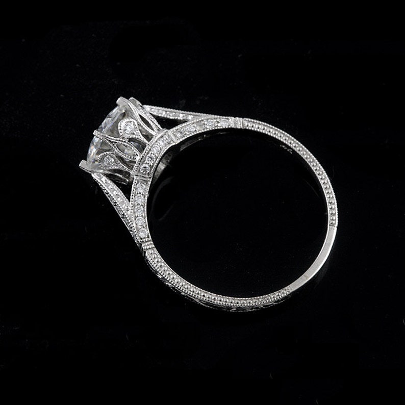 Hand Engraved Engagement Ring Pave Diamond Ring Crown - Etsy